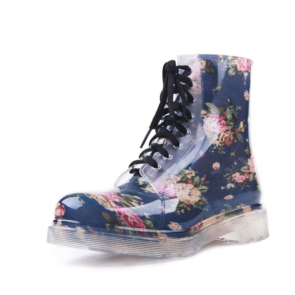 Clear Rain Boots Color Soles or Solid Jelly Shoes Lace Up Waterproof