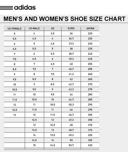 adidas unisex shoe size chart