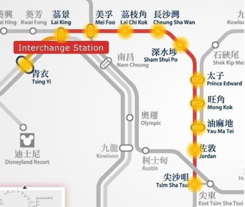 Tsing Yi to Tsim Sha Tsui MTR station route map