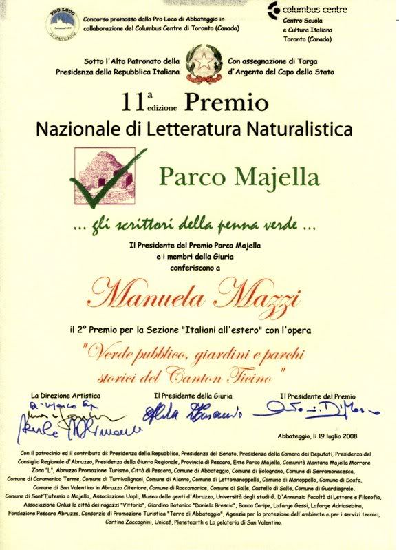 La pergamena che attesta la consegna del premio letterario a Manuela Mazzi