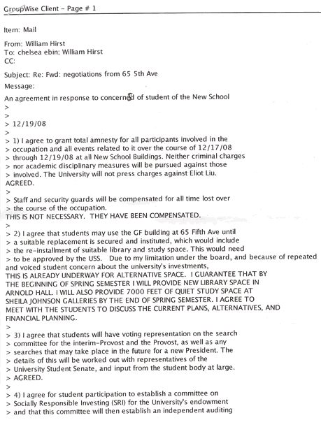 Bob Kerrey letter to New School occupying students page 1