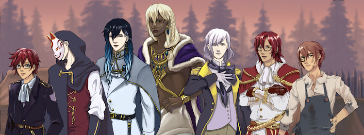 A lineup of the main characters in Queen At Arms, from left to right, the protagonist Marcus Cordale, Spymaster Fox, Lucius the Prelate, Rubus the Archmagus, Prince Alastor, your adoptive brother Nicolas, and James the Mechanist