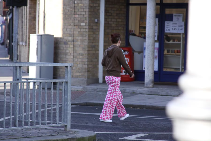 going to the shops in pink pajama pants + slippers Pictures, Images and Photos